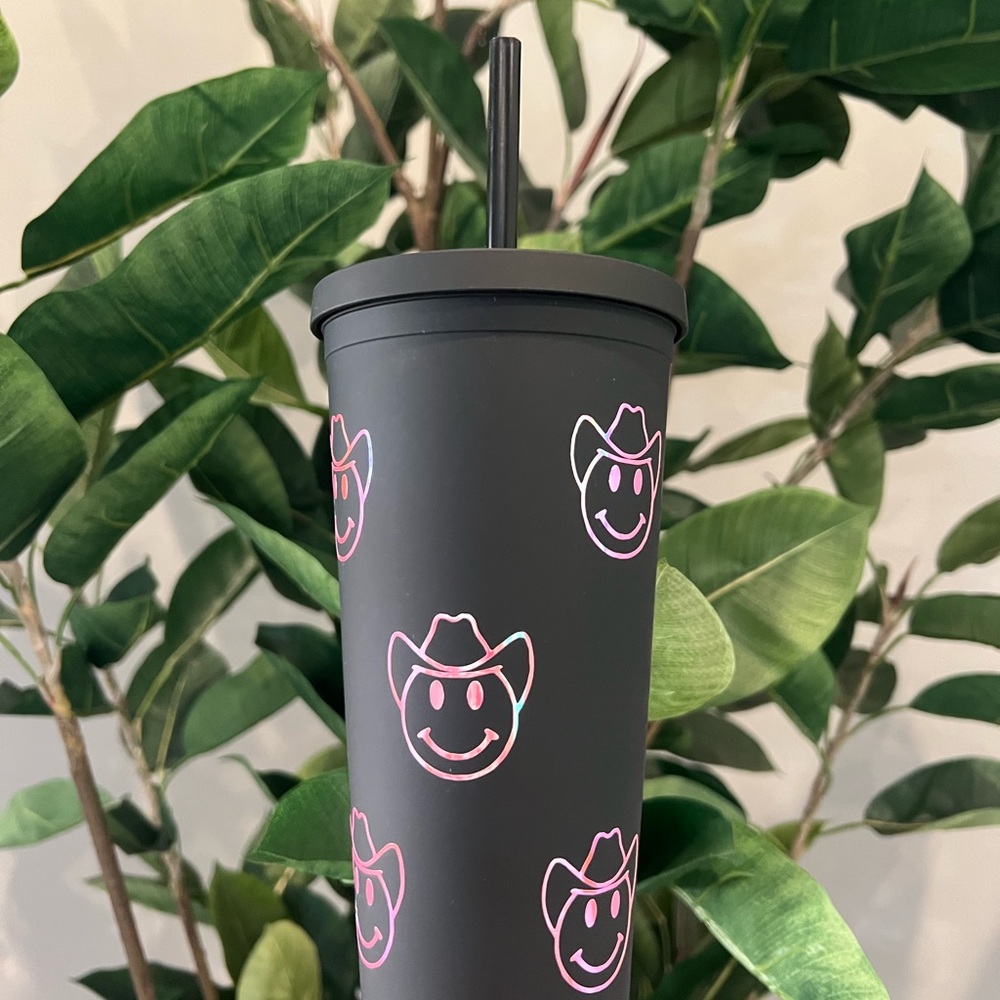 Smiley face with cowboy hat tumbler